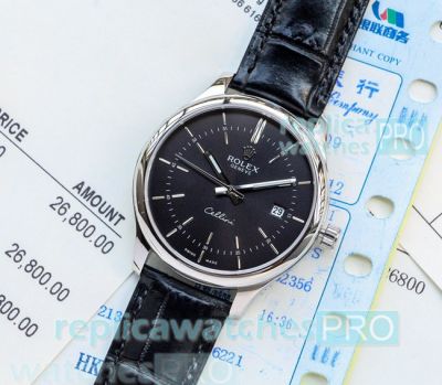 Buy High Quality Replica Rolex Cellini Black Dial Black Leather Strap Men's Watch